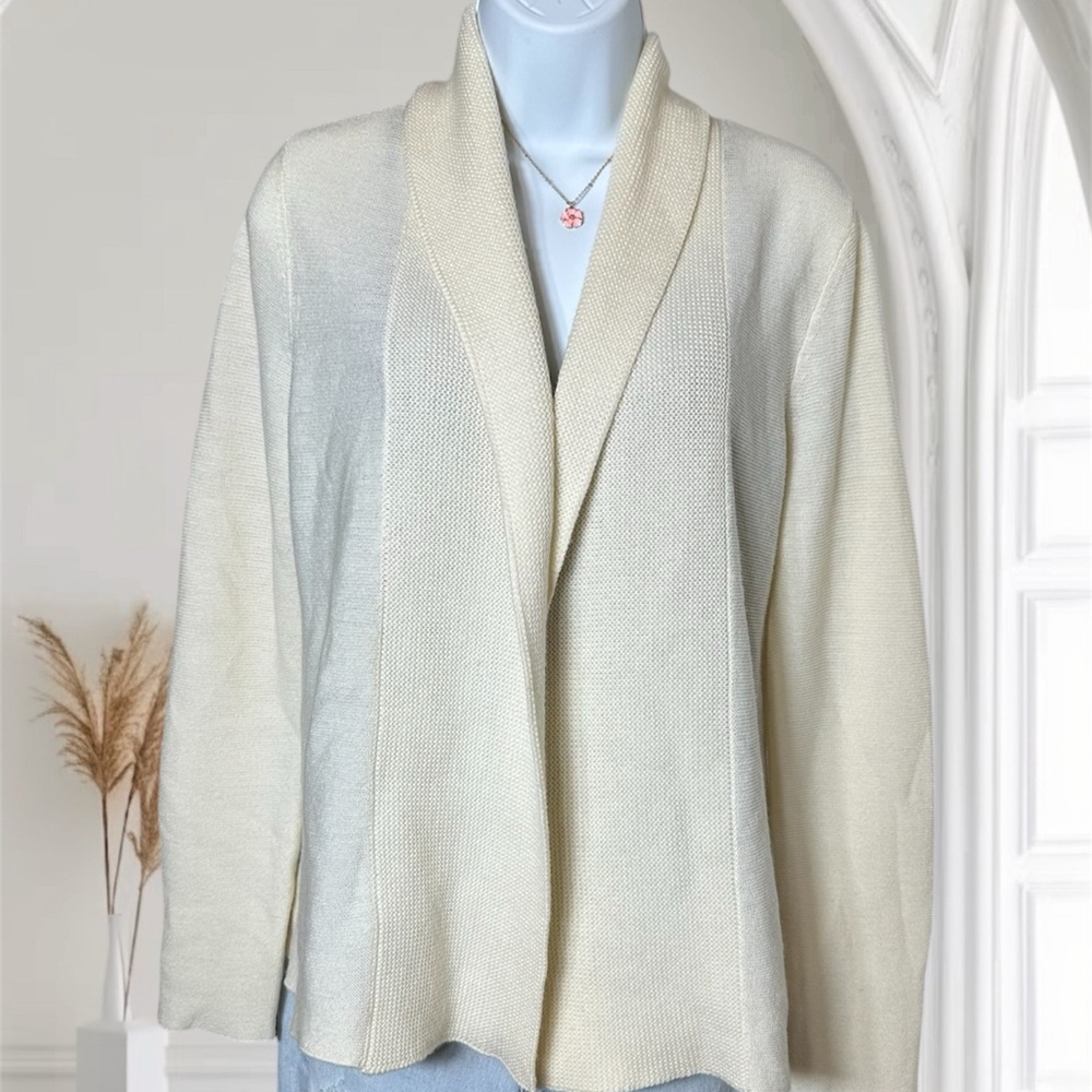 Eileen Fisher Size Small Cream Open Front Knit Cardigan 100% Wool Italian Yarn